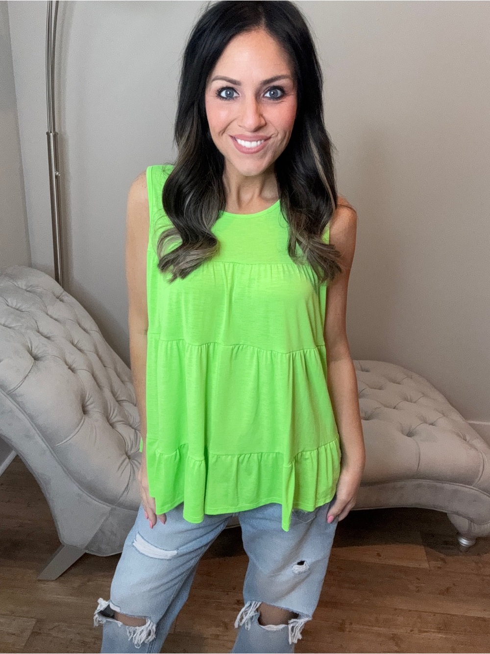 S-XXXL HEIMISH USA Neon Lime Tiered Sleeveless Tank - Picture 4 of 6